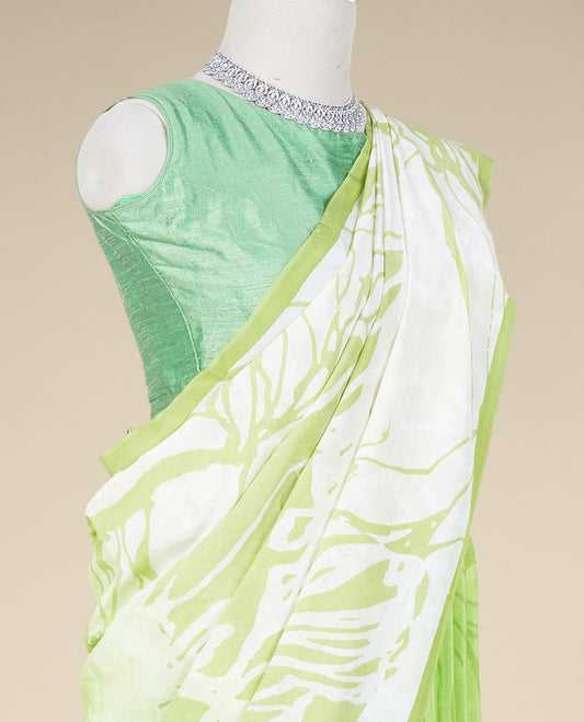 Borderless green abstract-style digital printed pure crepe saree