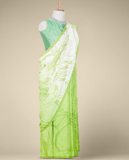 Borderless green abstract-style digital printed pure crepe saree
