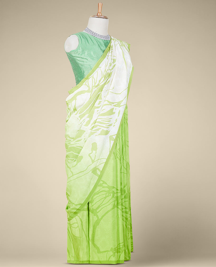Borderless green abstract-style digital printed pure crepe saree