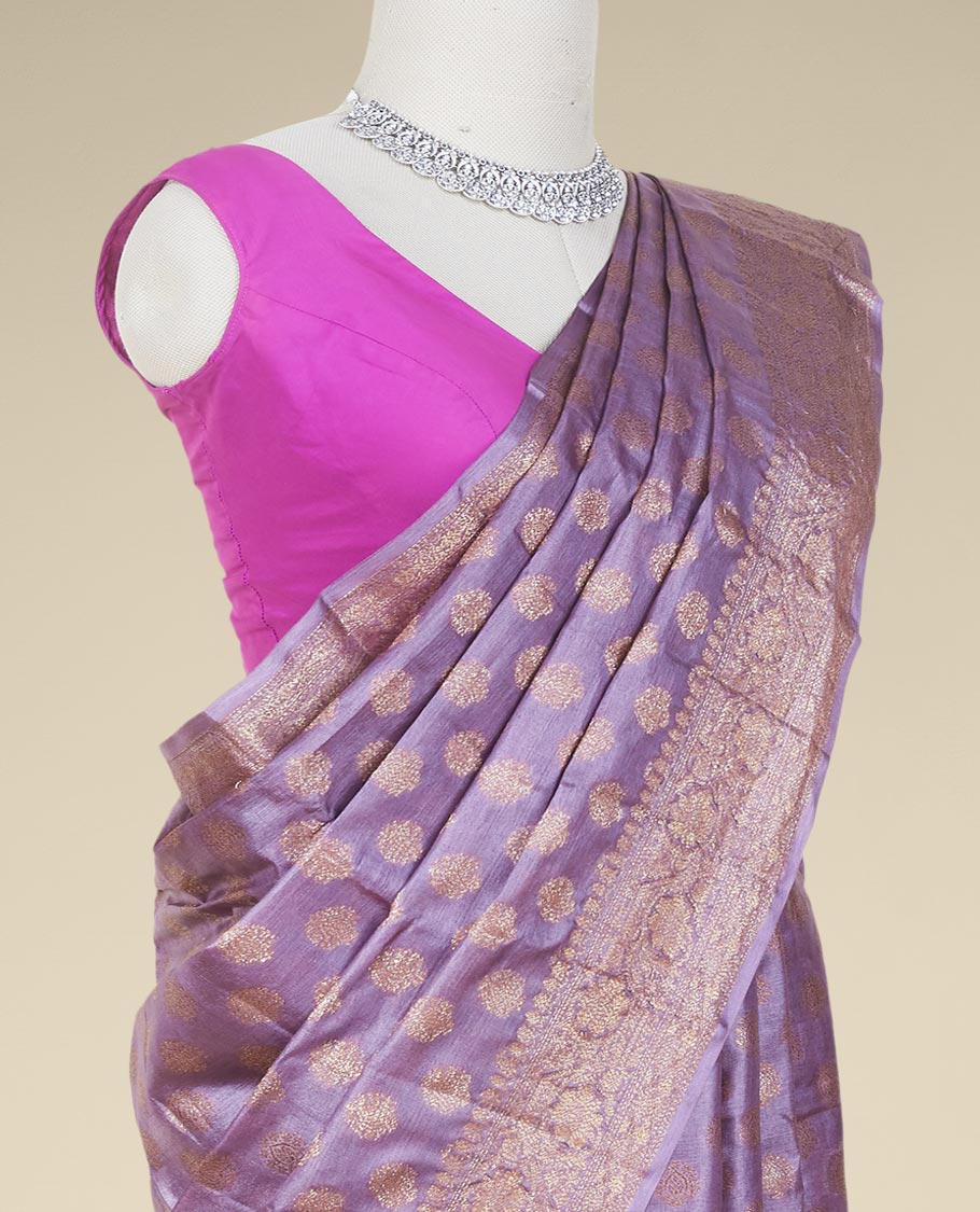 Violet tusser silk saree with zari buttas, traditional motifs zari border & intricate pallu
