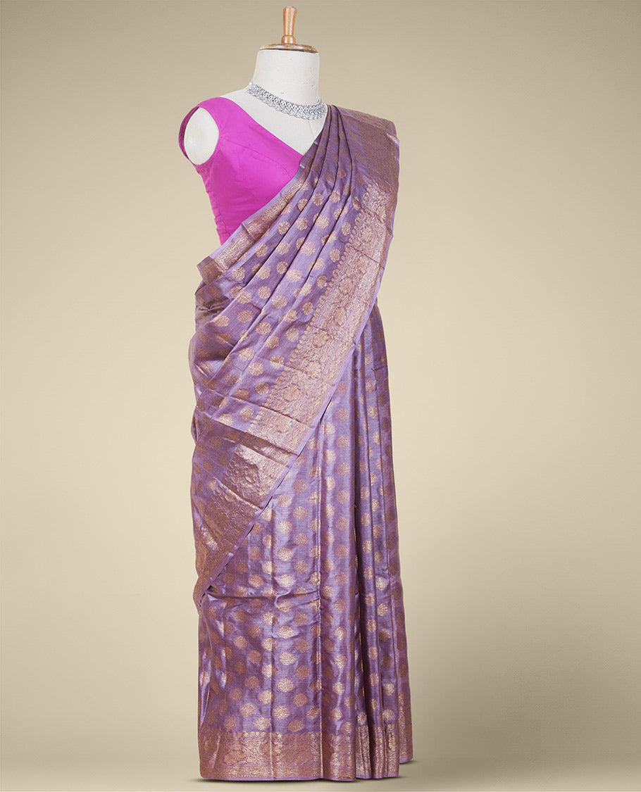 Violet tusser silk saree with zari buttas, traditional motifs zari border & intricate pallu