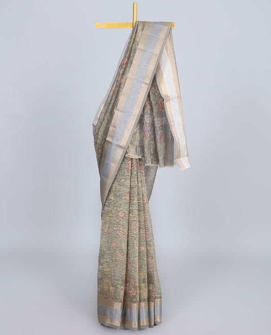 Gold kalamkari-style floral vine design semi-tissue saree, traditional design border & floral design pallu