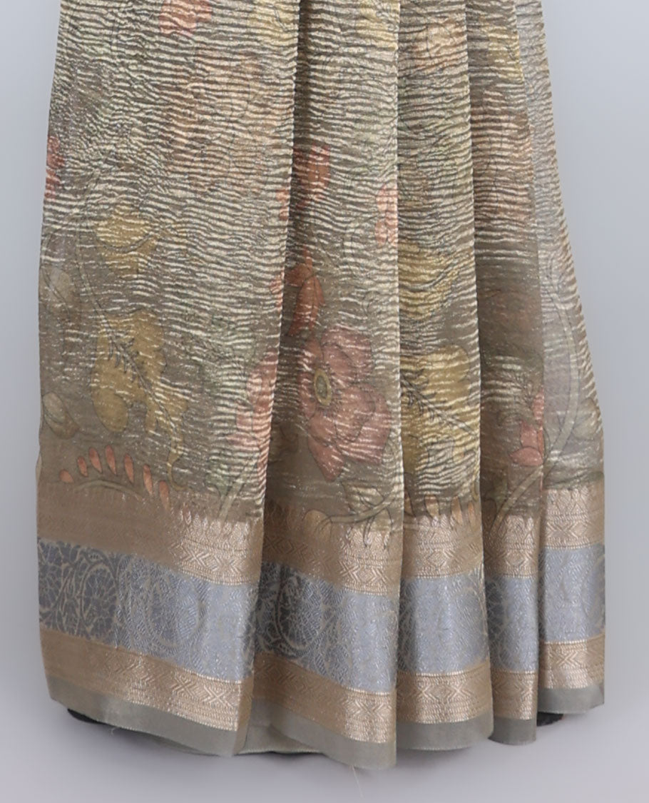 Gold kalamkari-style floral vine design semi-tissue saree, traditional design border & floral design pallu
