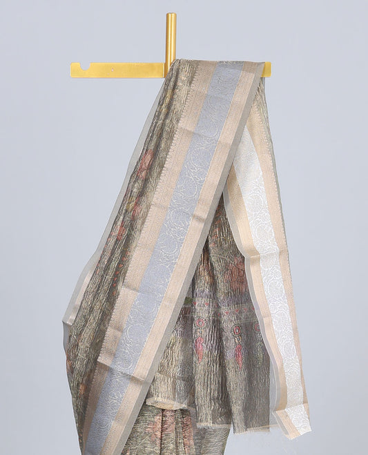 Gold kalamkari-style floral vine design semi-tissue saree, traditional design border & floral design pallu