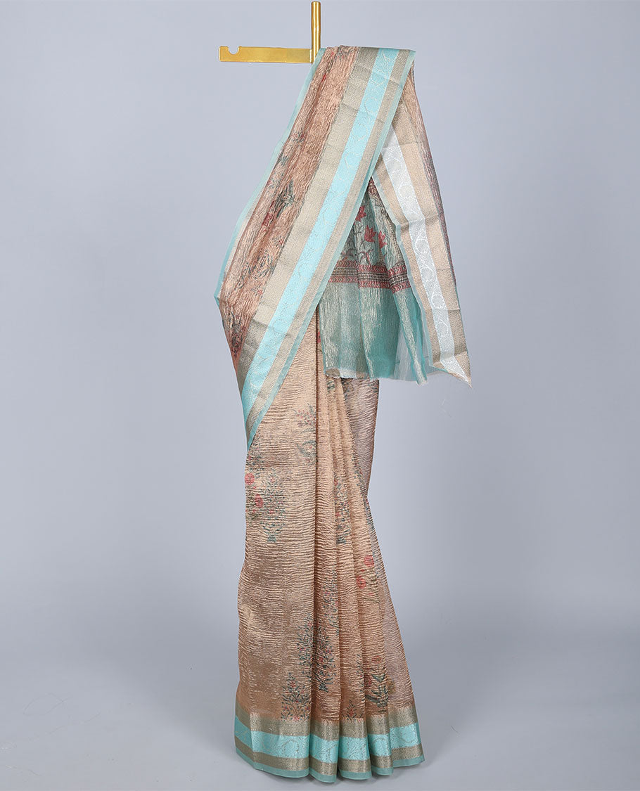 Gold floral motifs printed semi-tissue crushed saree, traditional design border & pallu of floral print 
