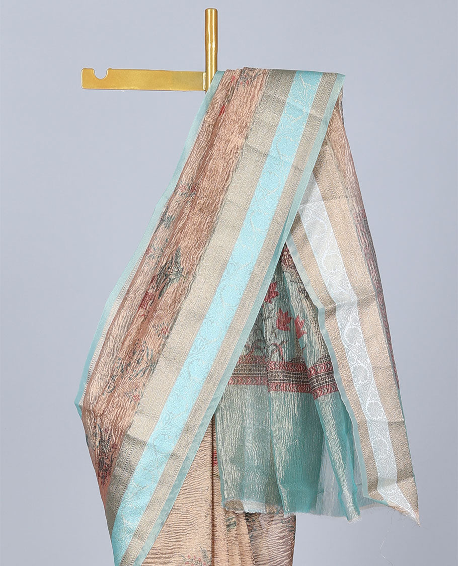 Gold floral motifs printed semi-tissue crushed saree, traditional design border & pallu of floral print 