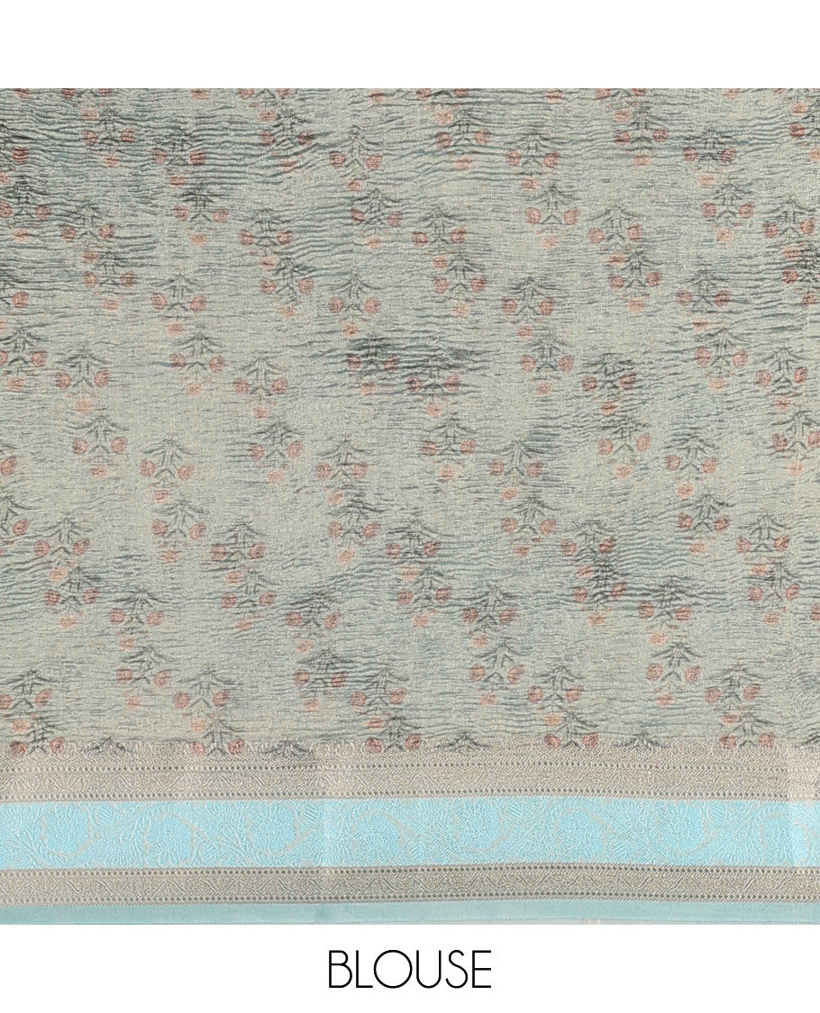 Gold floral motifs printed semi-tissue crushed saree, traditional design border & pallu of floral print 