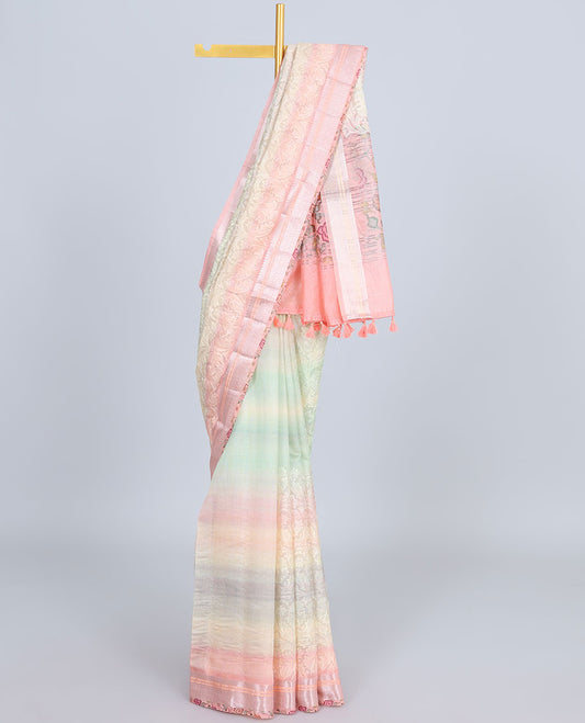 Multi-color intricately embroidered semi-linen saree, zari border & floral vine printed pallu with zari stripes