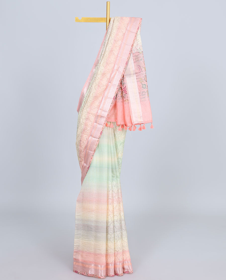 Multi-color intricately embroidered semi-linen saree, zari border & floral vine printed pallu with zari stripes
