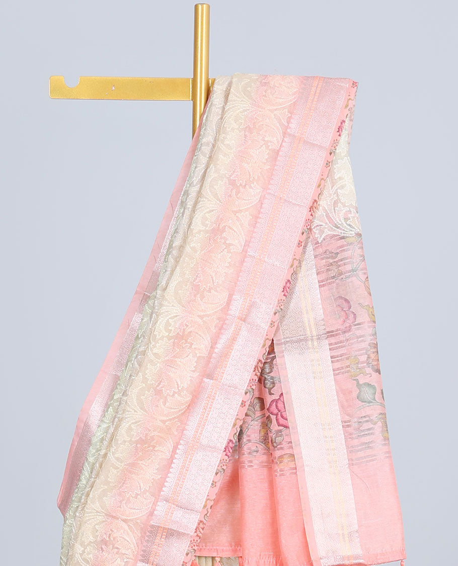 Multi-color intricately embroidered semi-linen saree, zari border & floral vine printed pallu with zari stripes