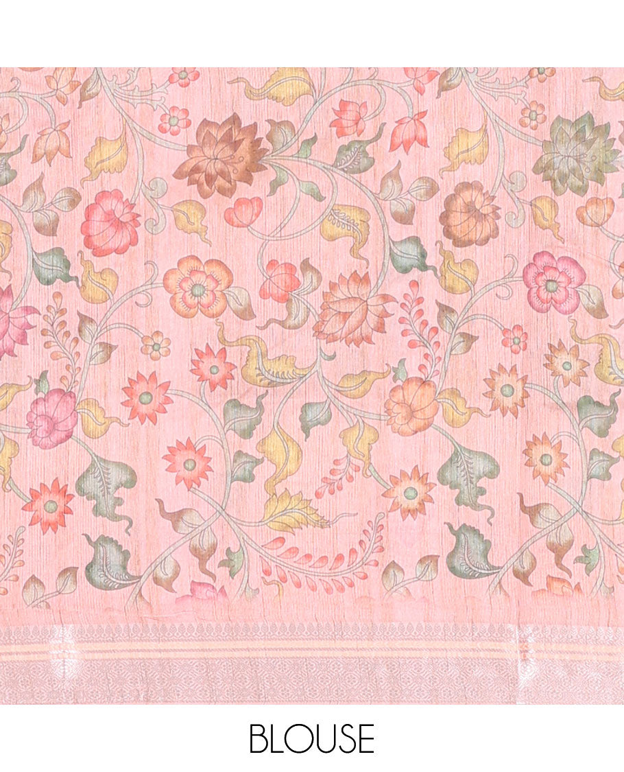 Multi-color intricately embroidered semi-linen saree, zari border & floral vine printed pallu with zari stripes