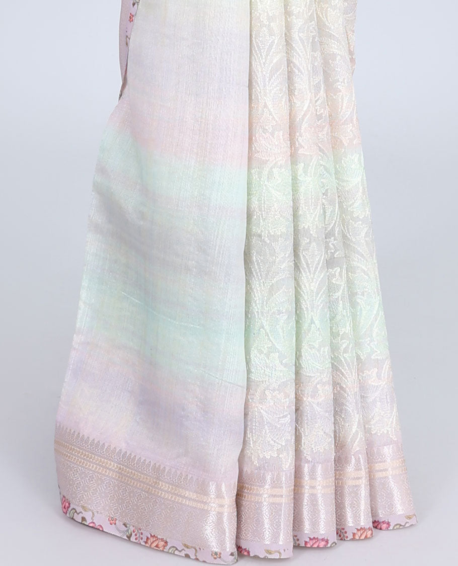 Multi-color intricately embroidered semi-linen saree, zari border & floral vine printed pallu with zari stripes