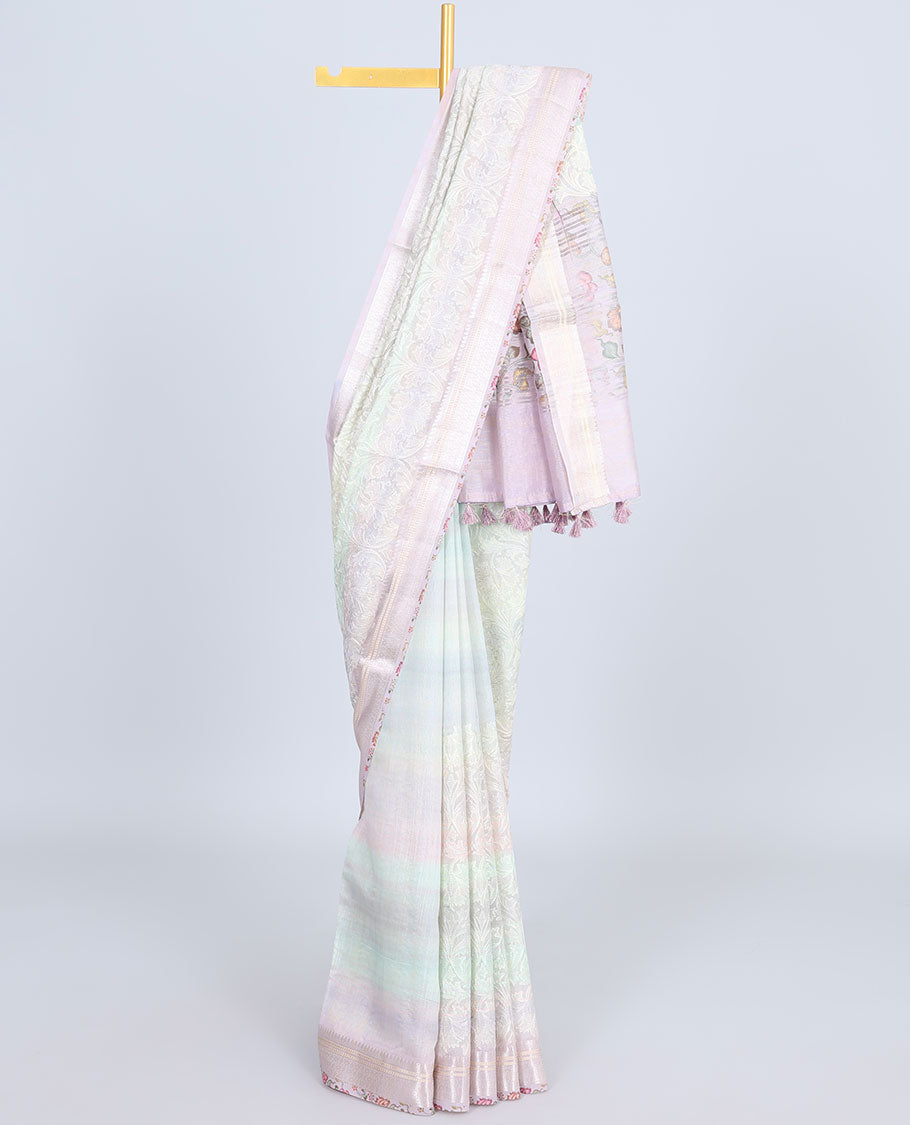 Multi-color intricately embroidered semi-linen saree, zari border & floral vine printed pallu with zari stripes