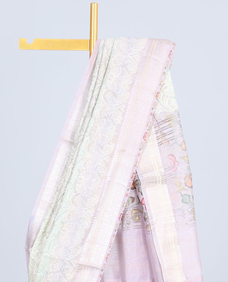Multi-color intricately embroidered semi-linen saree, zari border & floral vine printed pallu with zari stripes