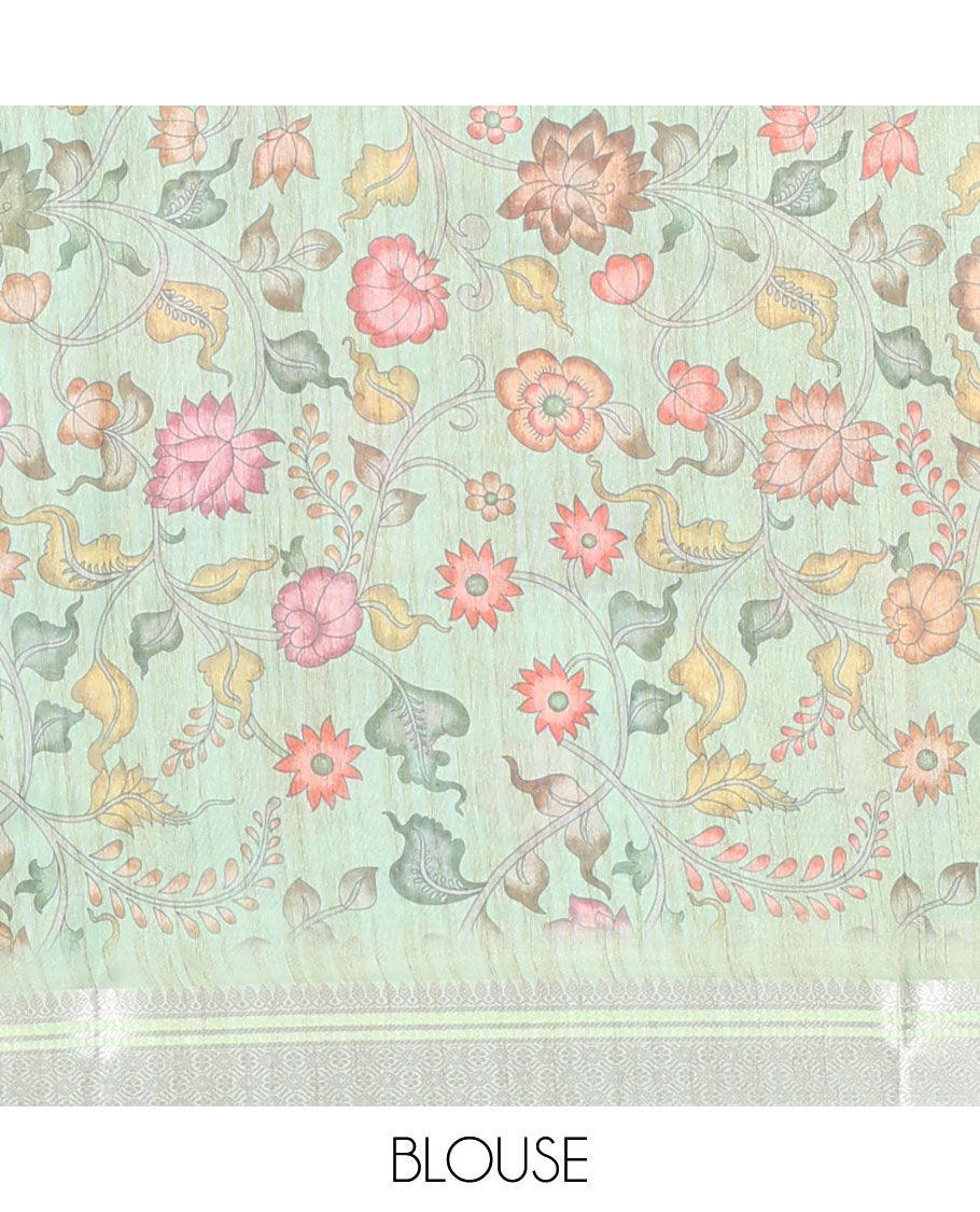 Green shaded intricately embroidered semi-linen saree, zari border & floral vine printed pallu with zari stripes
