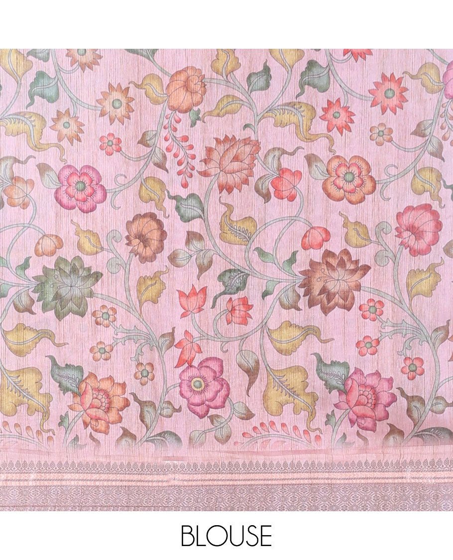 Pink shaded intricately embroidered semi-linen saree, zari border & floral vine printed pallu with zari stripes