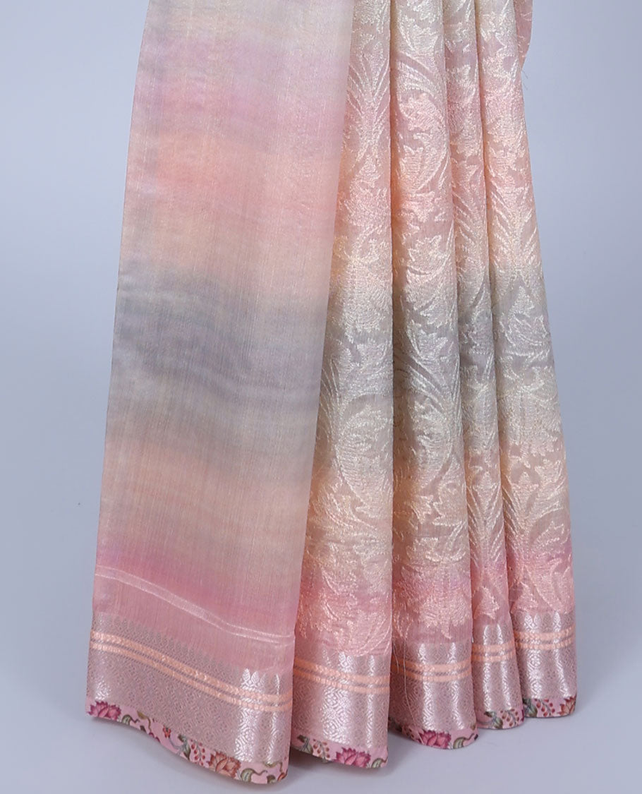 Pink shaded intricately embroidered semi-linen saree, zari border & floral vine printed pallu with zari stripes