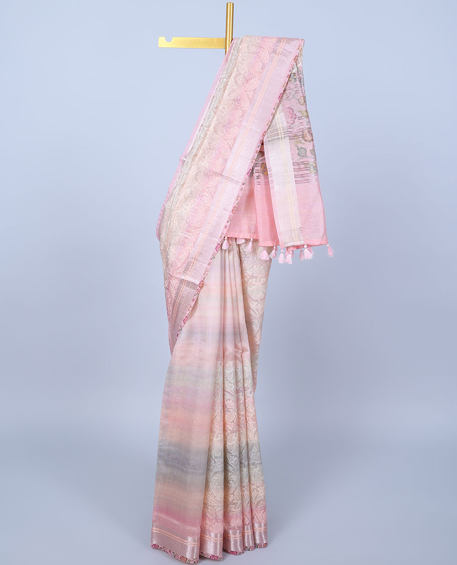 Pink shaded intricately embroidered semi-linen saree, zari border & floral vine printed pallu with zari stripes