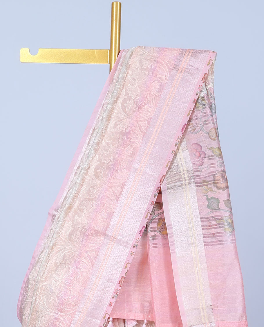 Pink shaded intricately embroidered semi-linen saree, zari border & floral vine printed pallu with zari stripes