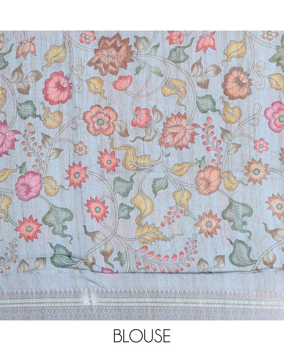 Grey shaded intricately embroidered semi-linen saree, zari border & floral vine printed pallu with zari stripes
