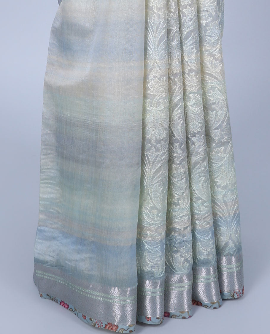 Grey shaded intricately embroidered semi-linen saree, zari border & floral vine printed pallu with zari stripes