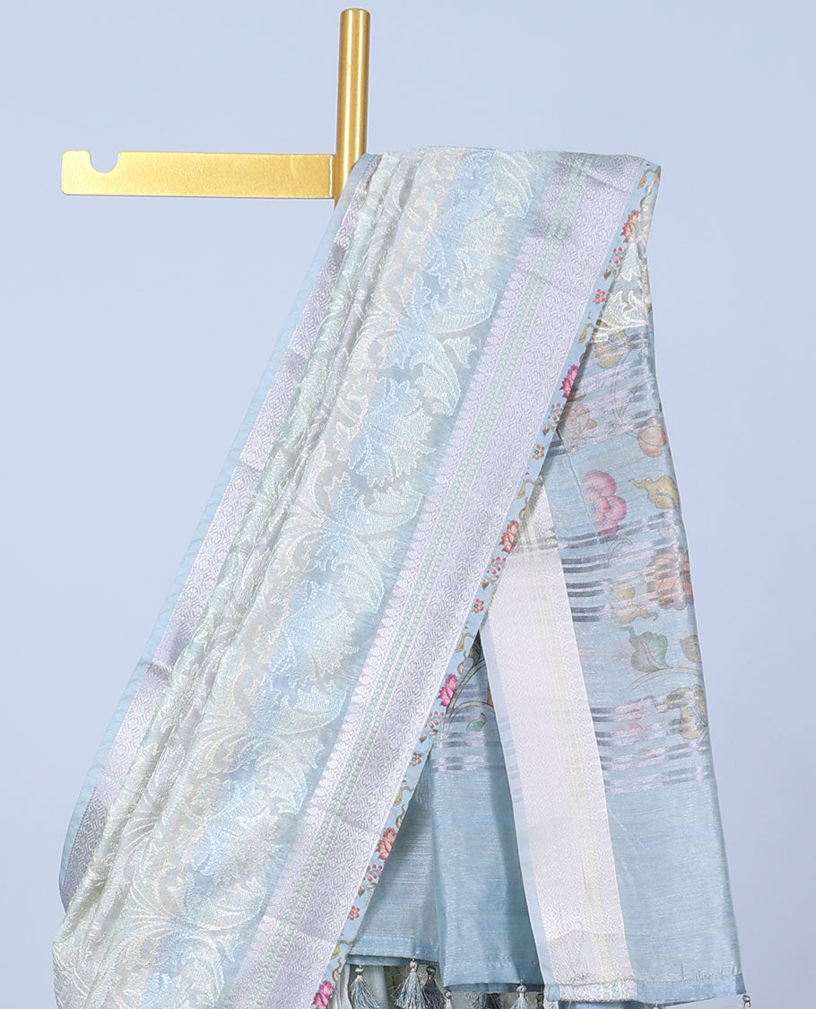Grey shaded intricately embroidered semi-linen saree, zari border & floral vine printed pallu with zari stripes