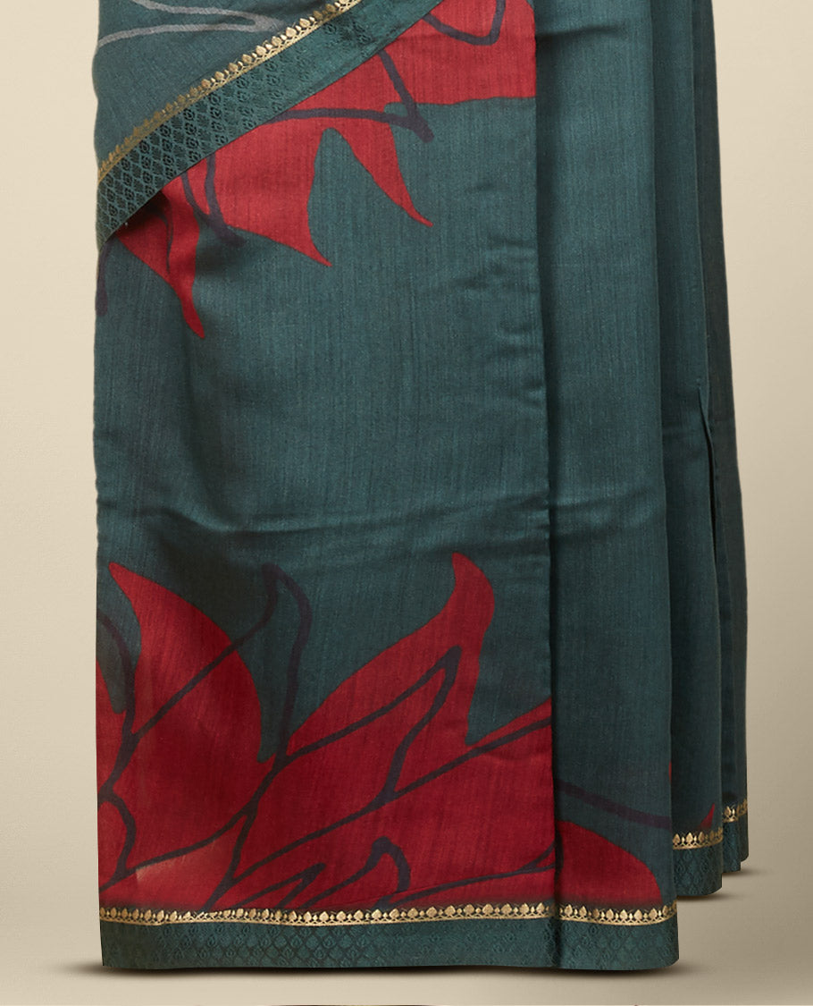 Green vine & flower design printed moonga tussar with zari design border