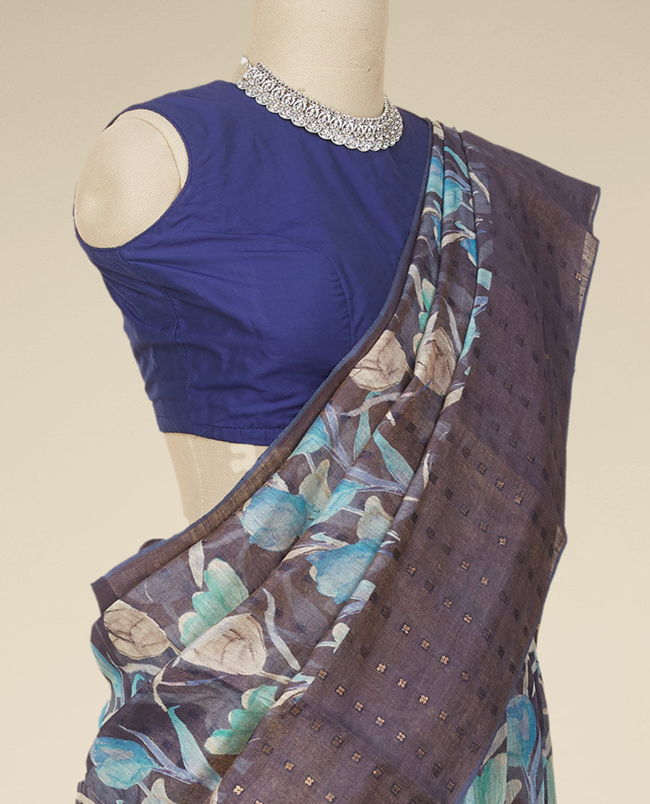 Brown floral vine printed matka silk saree with self-border of zari designs