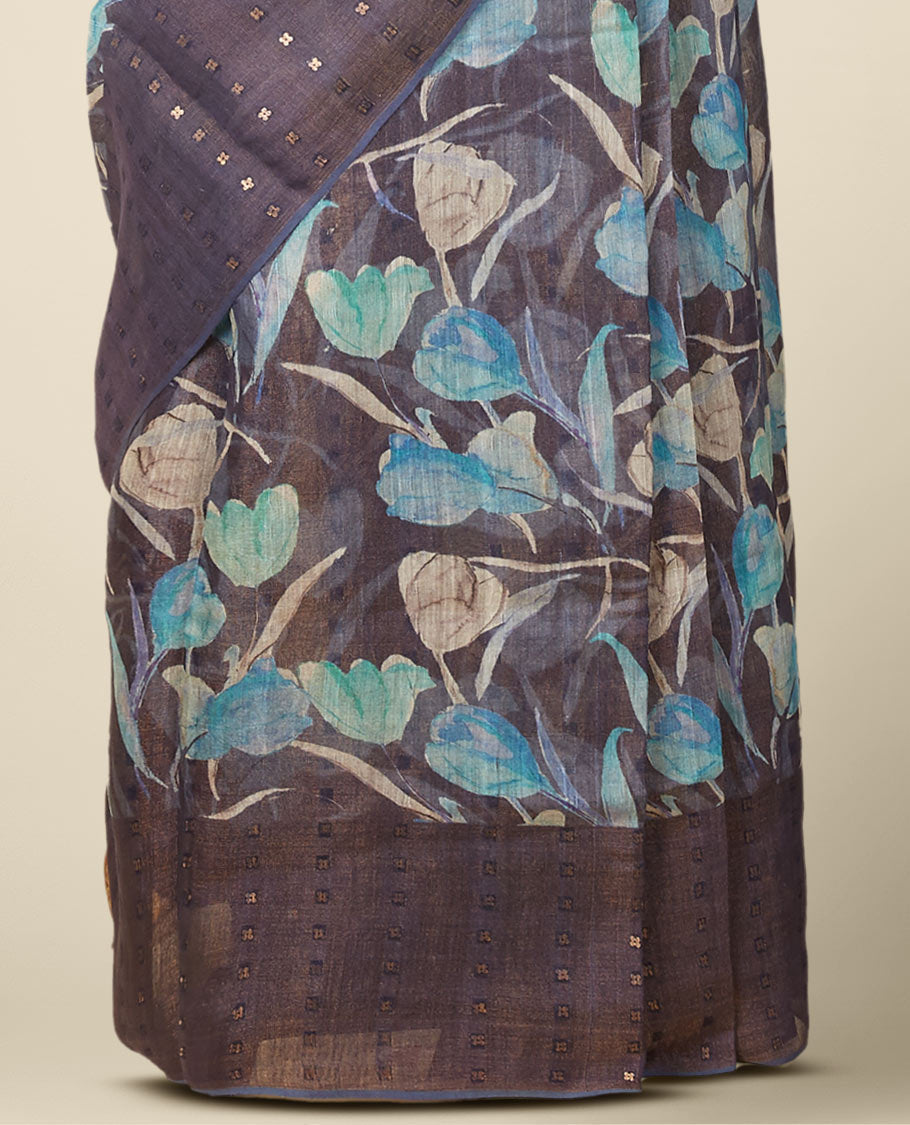 Brown floral vine printed matka silk saree with self-border of zari designs
