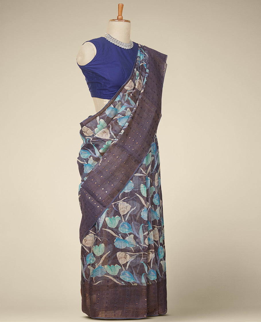 Brown floral vine printed matka silk saree with self-border of zari designs