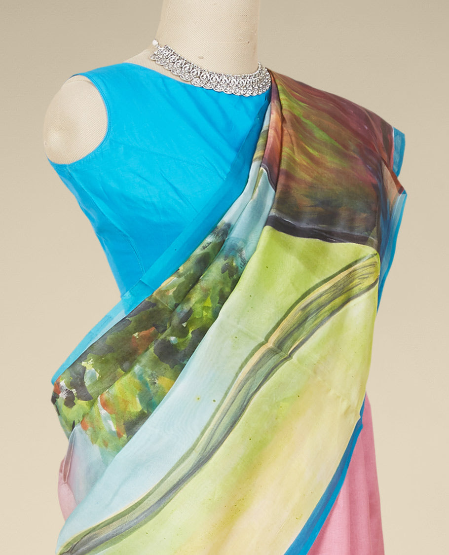 Multi-color nature-themed flora and fauna motifs hand-painted dupion silk saree