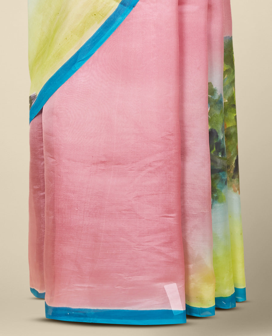 Multi-color nature-themed flora and fauna motifs hand-painted dupion silk saree