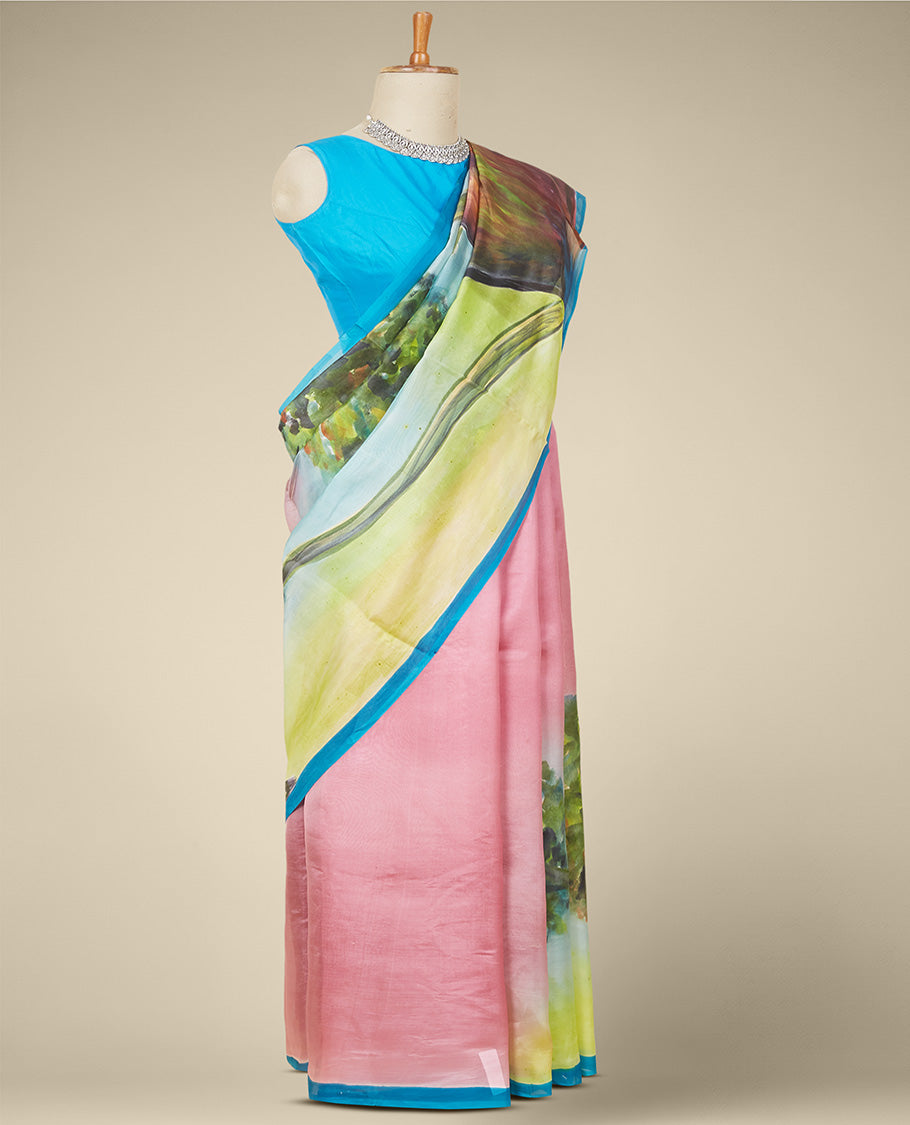 Multi-color nature-themed flora and fauna motifs hand-painted dupion silk saree