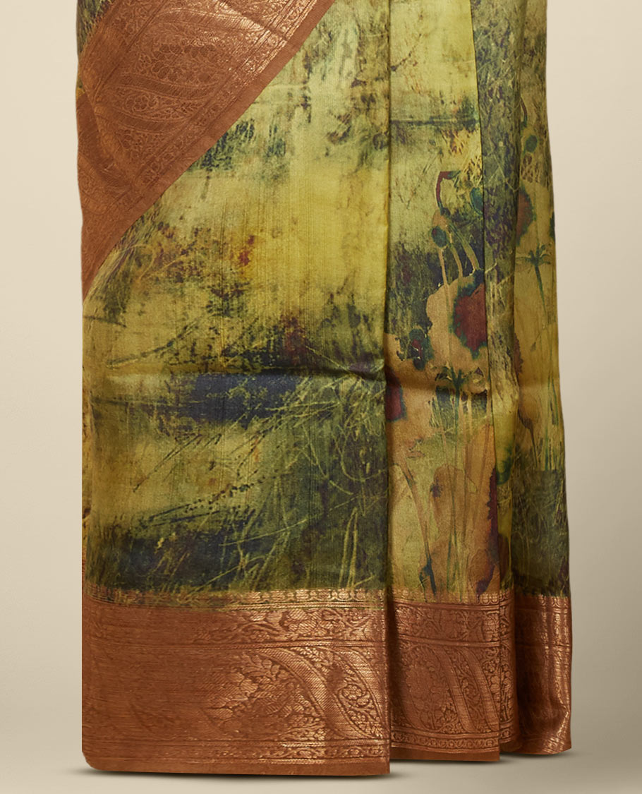 Yellow floral & abstract-style printed organza saree with contrast border of traditional designs