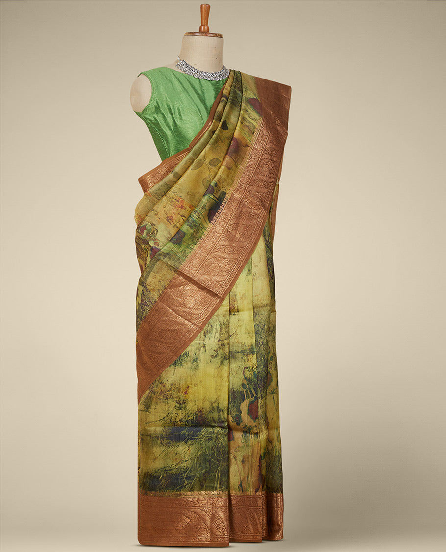 Yellow floral & abstract-style printed organza saree with contrast border of traditional designs