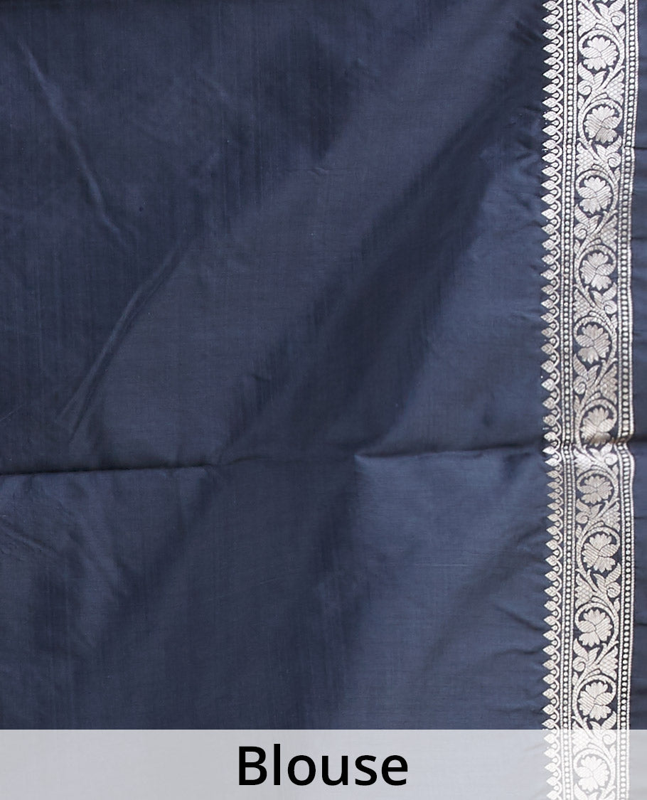 Black kathan silk saree with zari buttas, zari border of floral creeper design & intricate pallu 