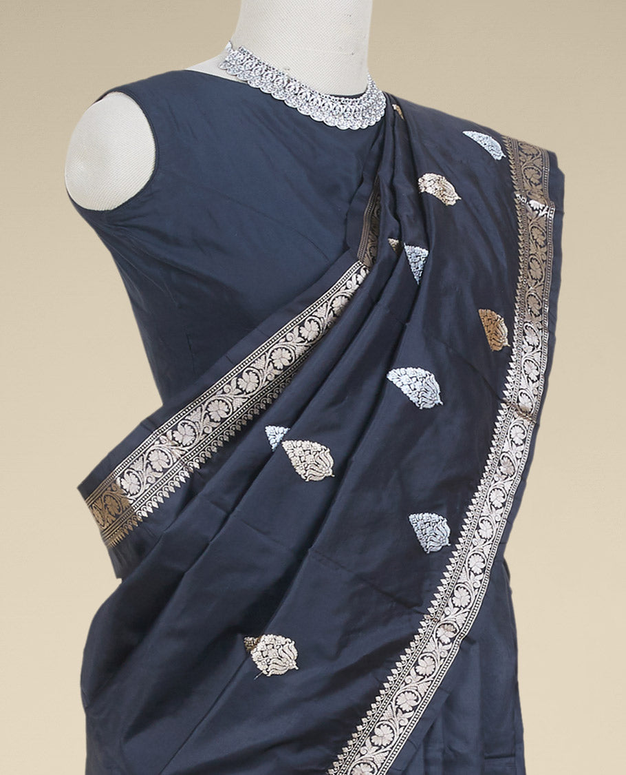Black kathan silk saree with zari buttas, zari border of floral creeper design & intricate pallu 