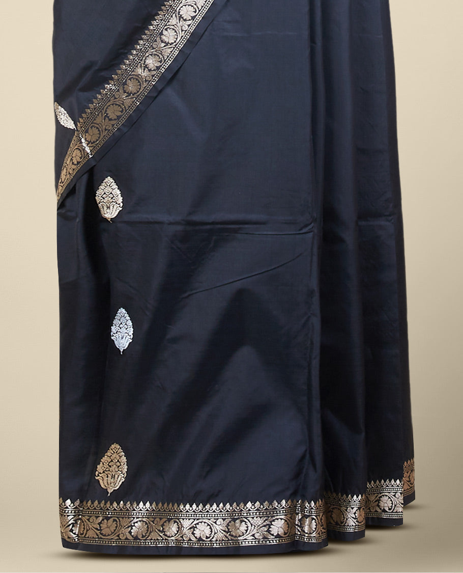 Black kathan silk saree with zari buttas, zari border of floral creeper design & intricate pallu 