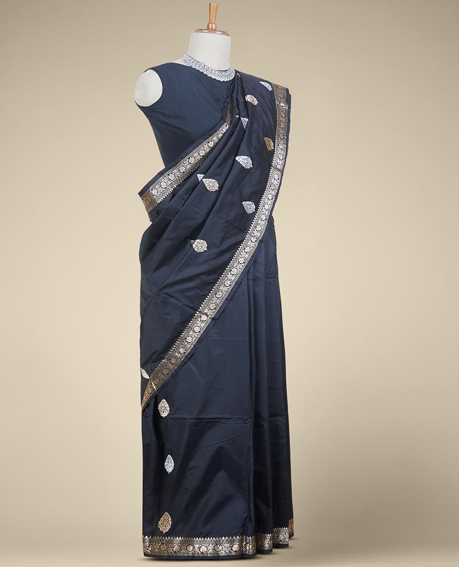 Black kathan silk saree with zari buttas, zari border of floral creeper design & intricate pallu 