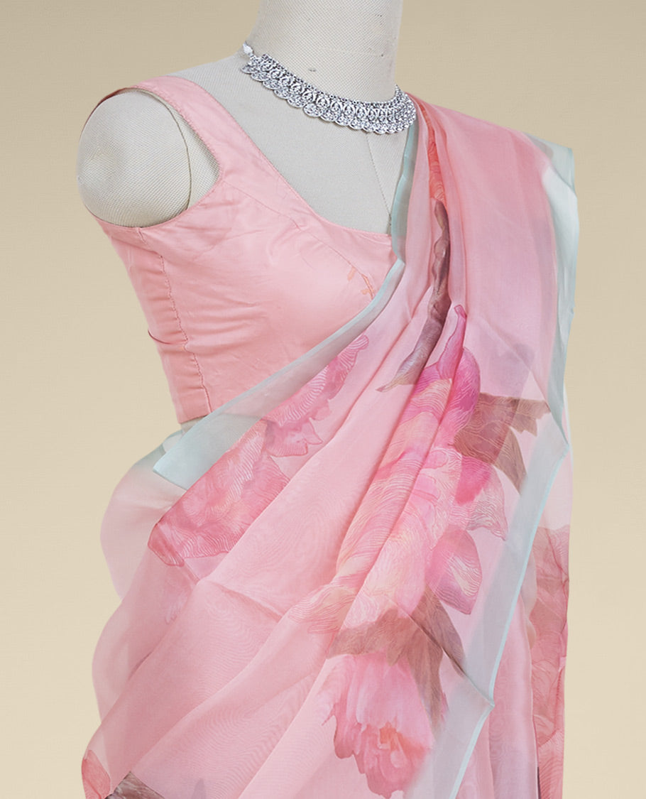 Baby pink rose floral digital printed monga tusser saree, self-border of chevron designs