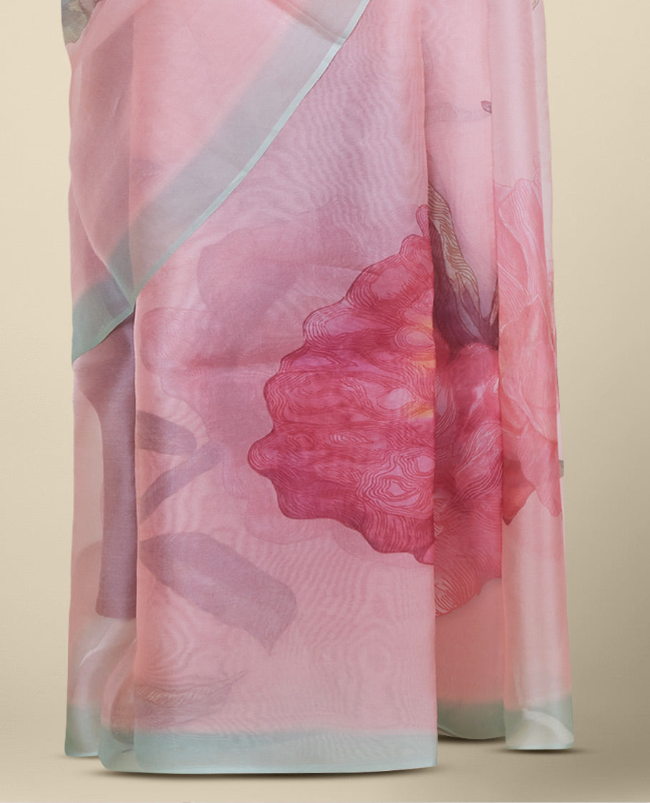 Baby pink rose floral digital printed monga tusser saree, self-border of chevron designs