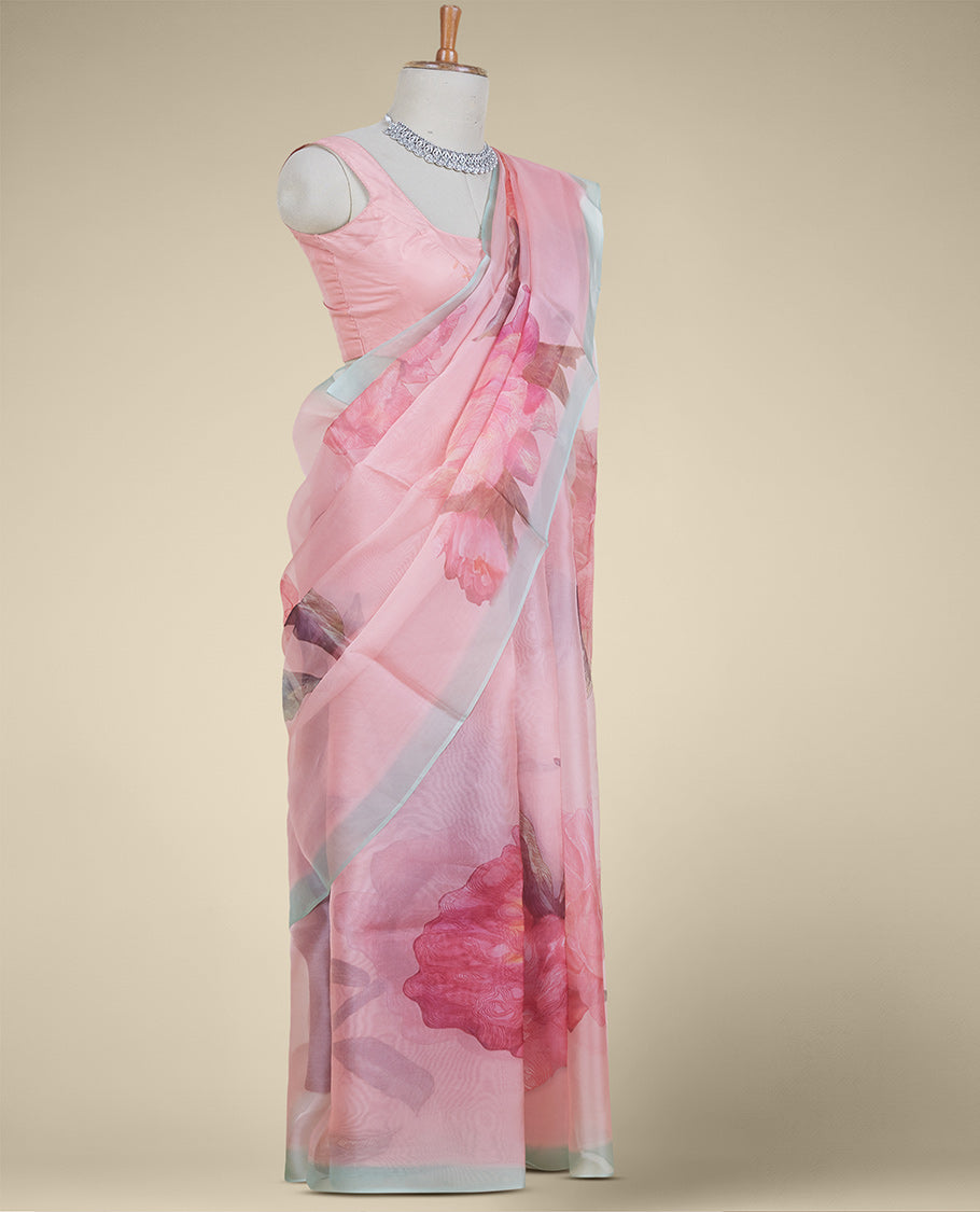 Baby pink rose floral digital printed monga tusser saree, self-border of chevron designs