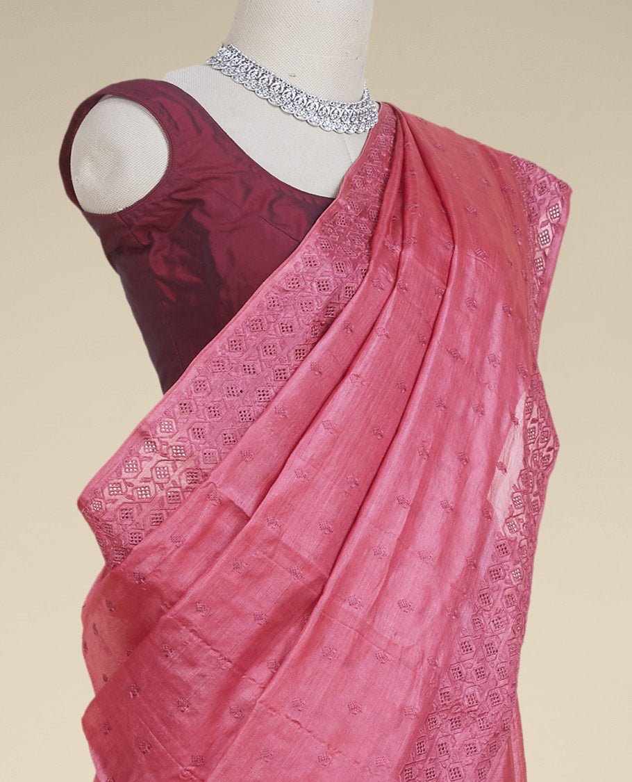 Pink tusser silk saree with buttas, diamond patterned border with stone work