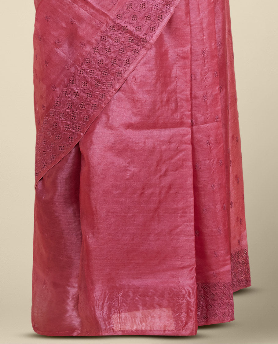 Pink tusser silk saree with buttas, diamond patterned border with stone work