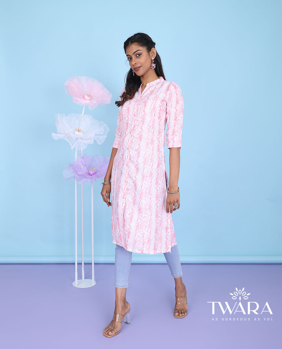 Pink uniquely printed Chinese collar & 3/4th sleeve cotton straight-cut knee-length kurti