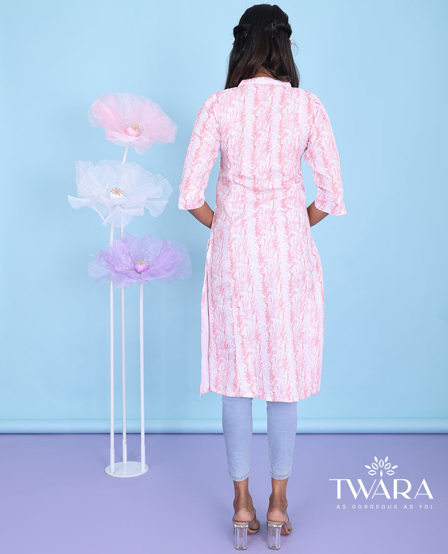 Pink uniquely printed Chinese collar & 3/4th sleeve cotton straight-cut knee-length kurti