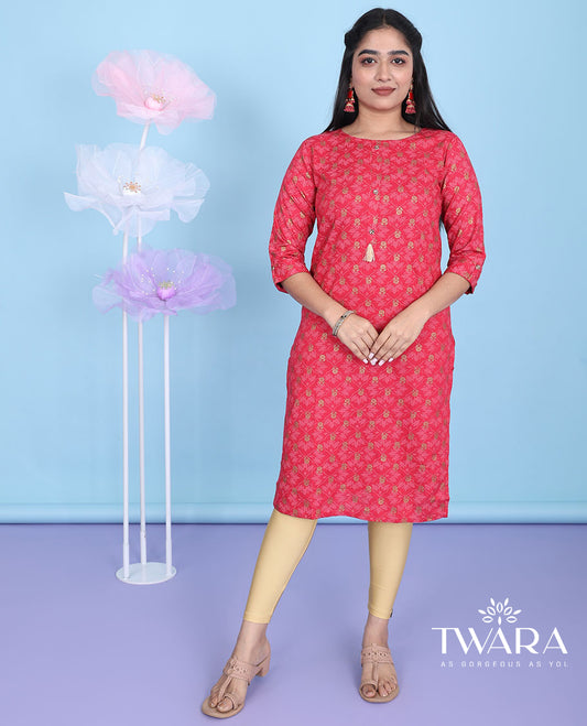 Red intricate ogee pattern printed with round neck 3/4th sleeve rayon straight-cut knee-length kurti