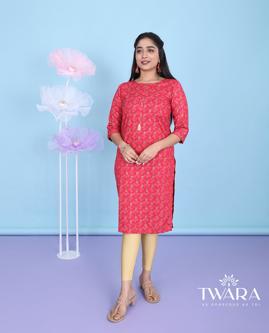 Red intricate ogee pattern printed with round neck 3/4th sleeve rayon straight-cut knee-length kurti
