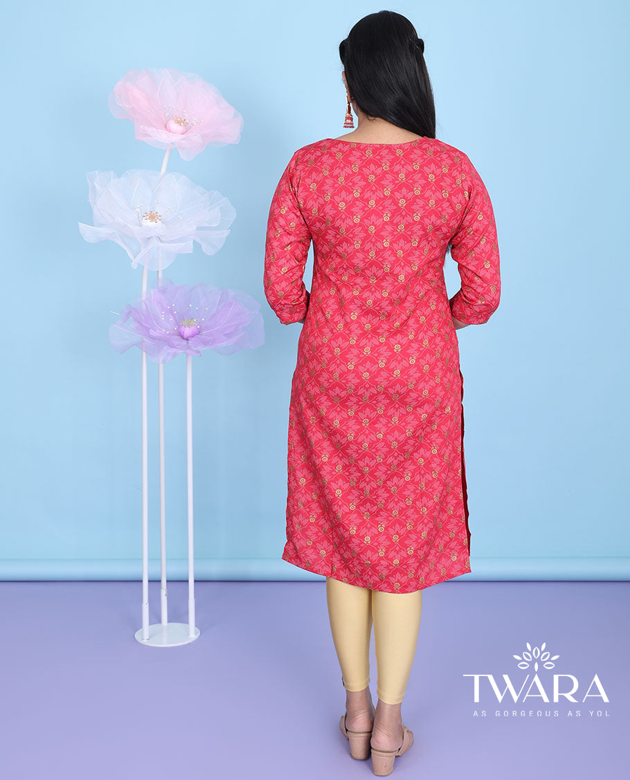 Red intricate ogee pattern printed with round neck 3/4th sleeve rayon straight-cut knee-length kurti