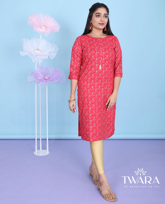 Red intricate ogee pattern printed with round neck 3/4th sleeve rayon straight-cut knee-length kurti